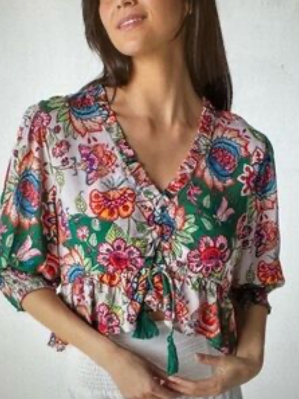 Natural Life Floral V-Neck Bohemian Blouse Medium